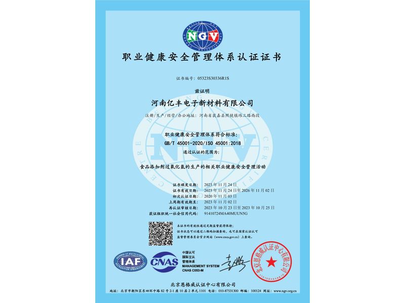 職業(yè)健康安全管理體系認(rèn)證證書(shū)